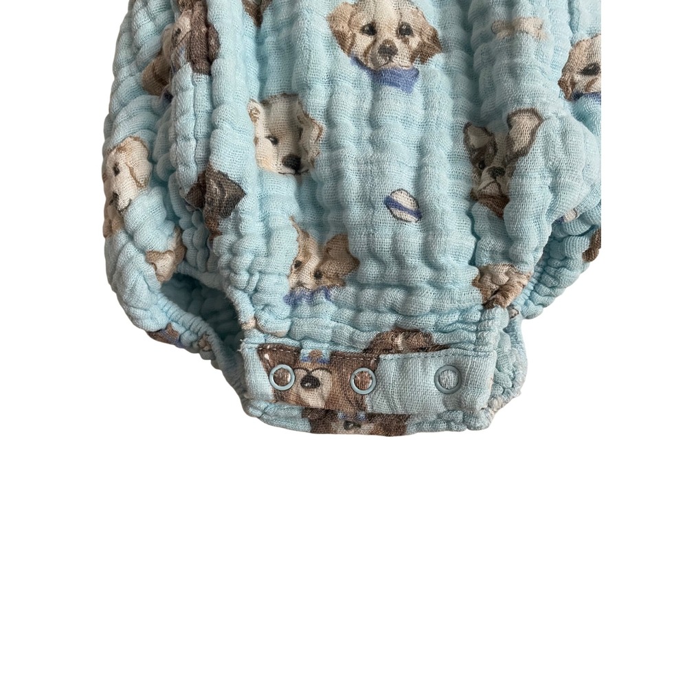 Angel Dear Powder Blue Dog Print Organic Cotton Muslin Bubble Romper 0-3M Baby - Picture 3 of 7